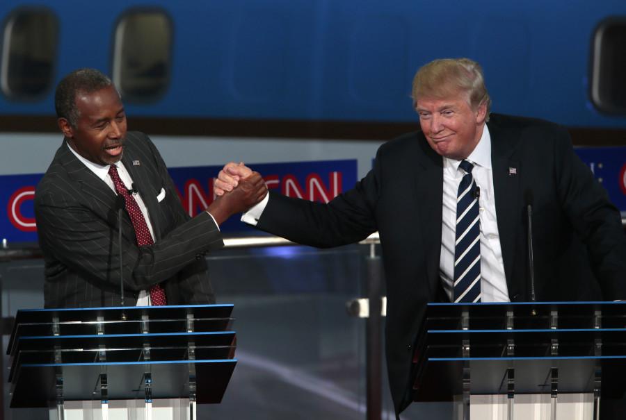 Republican presidential candidates Ben Carson, left, and Donald Trump during the GOP debate at the Reagan Library in Simi Valley, Calif., on Wednesday, Sept. 16, 2015. 