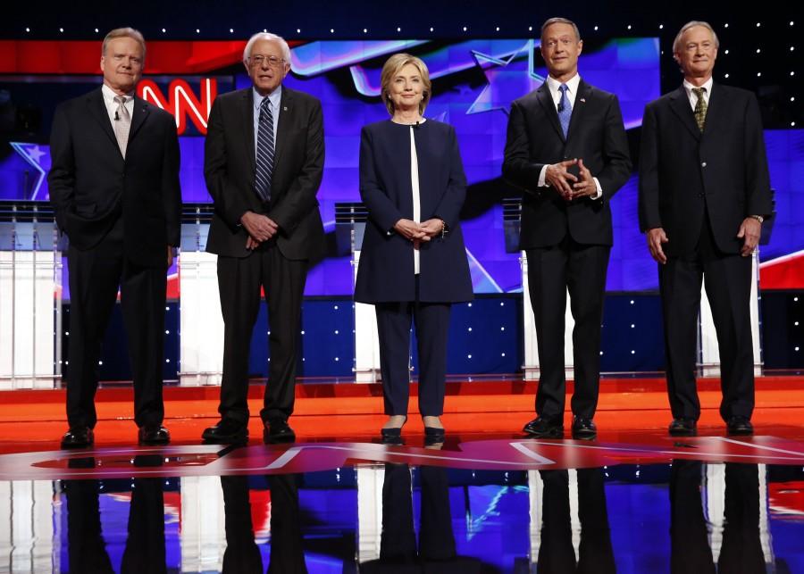 From left, Democratic presidential candidates Jim Webb, Bernie Sanders, Hillary Rodham Clinton, Martin O'Malley and Lincoln Chafee on the debate stage on Tuesday, Oct. 13, 2015, in Las Vegas. 