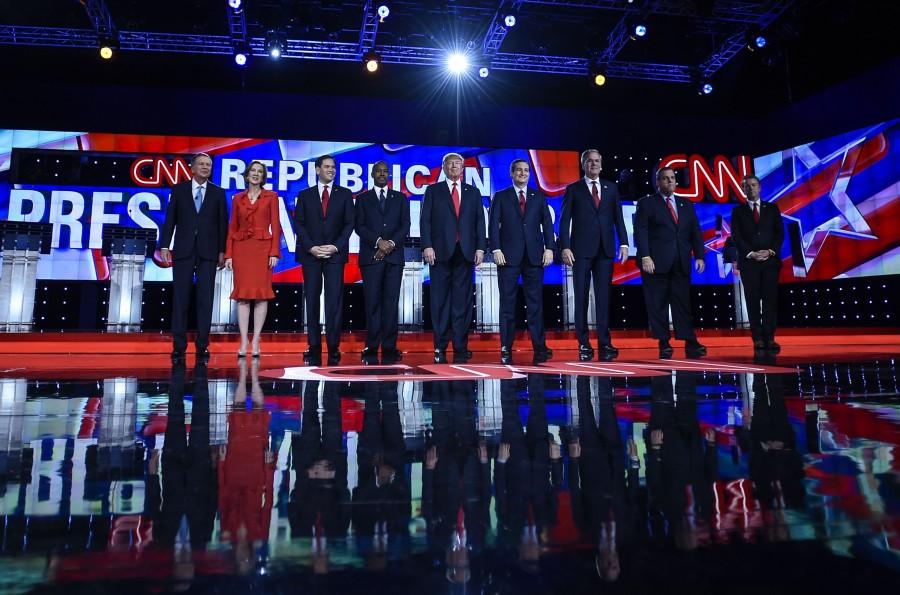 GOP presidential candidates Ohio Gov. John Kasich, Carly Fiorina, Sen. Marco Rubio (R-Fla.), Dr. Ben Carson, Donald Trump, Sen. Ted Cruz (R-Texas), Jeb Bush, New Jersey Gov. Chris Christie and Sen. Rand Paul (R-Ky.) are introduced during the CNN Republican presidential debate at the Venetian in Las Vegas on Tuesday, Dec. 15, 2015. 