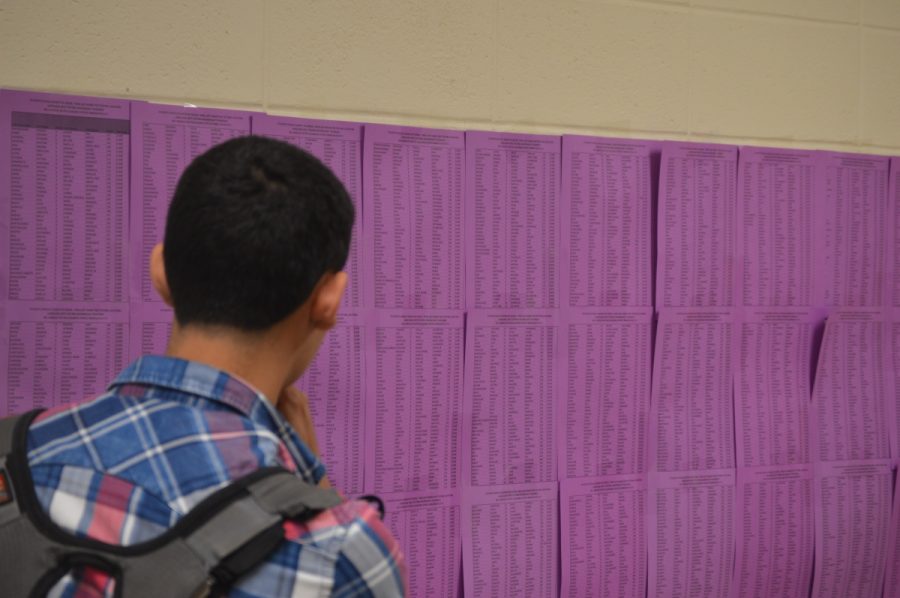 Junior Michael DeLucia checks for his PARCC testing room. Regular testing concluded today.