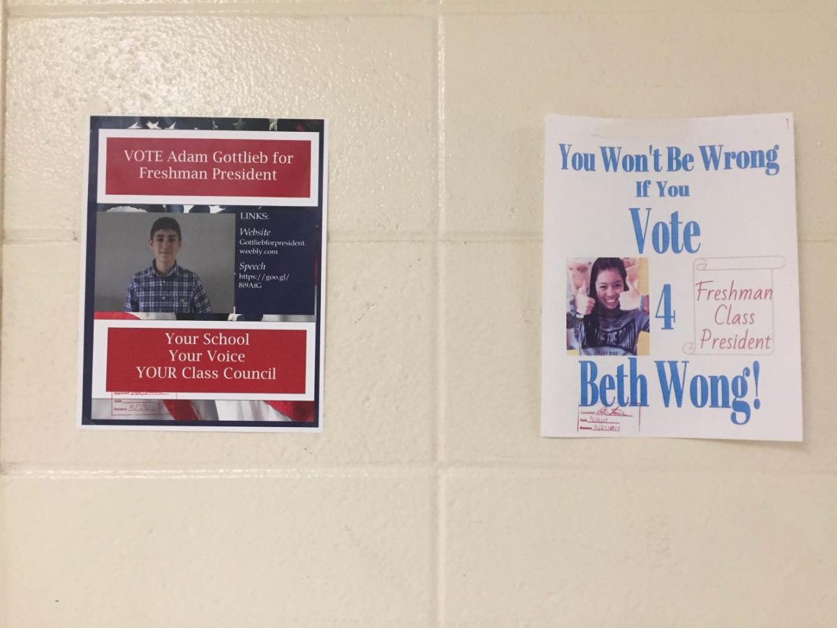 Freshmen Adam Gottlieb and Beth Wong campaign for president with posters on hallway walls.