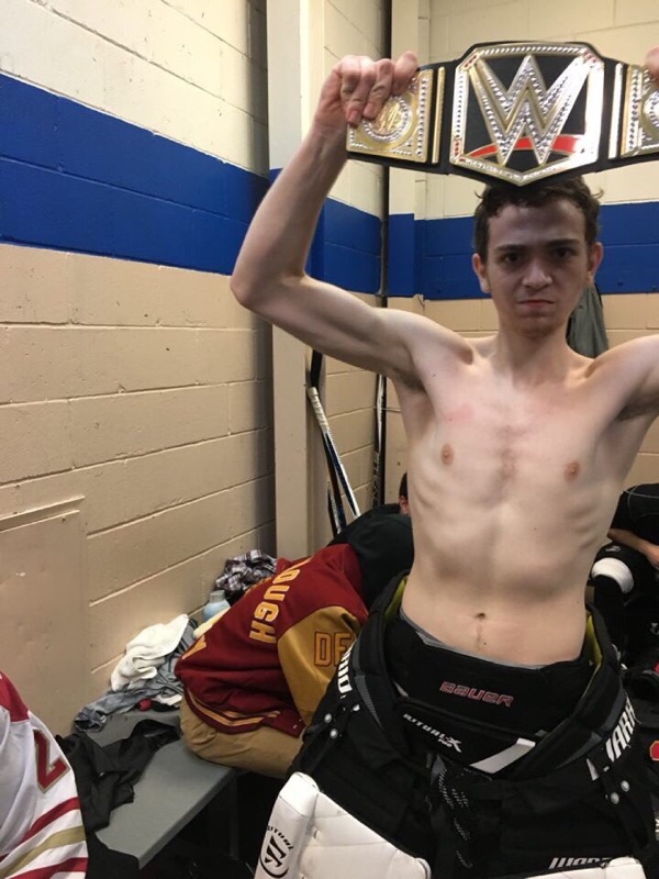 Senior Goalie Dan Volonnino holds the belt after an outstanding performance against Watchung.