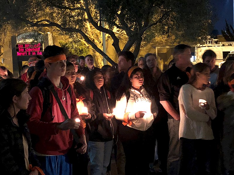 Nearly 100 people gathered to protest gun violence in a moving vigil at Tam High School in Mill Valley California for the victims of the Parkland shooting.