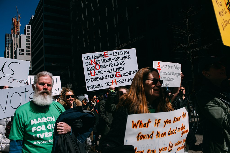 Marchers hold signs and walk through Washington D.C. to voice their opinions on the issue of gun violence in America.