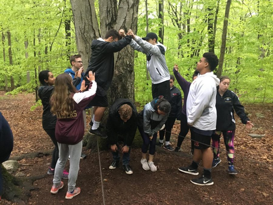 Peer Mentors work together to make their way across cable wires at YMCA Camp Mason in Hardwick, NJ.