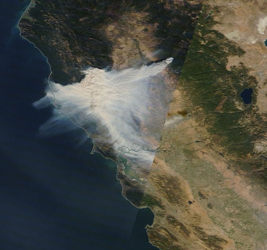 True color corrected reflectance image of California on November 8, 2018, showing the smoke from the California Camp fire near Paradise, California. On the same day the smoke spread southwestward to the Bay Area.