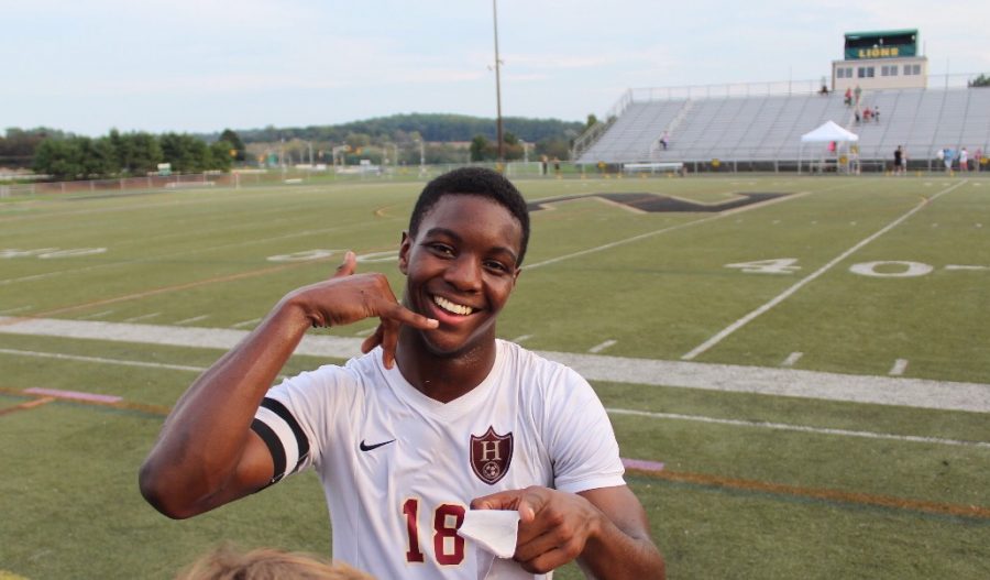 Senior Justin Dominique celebrates a tough victory against North Hunterdon Regional High School. 