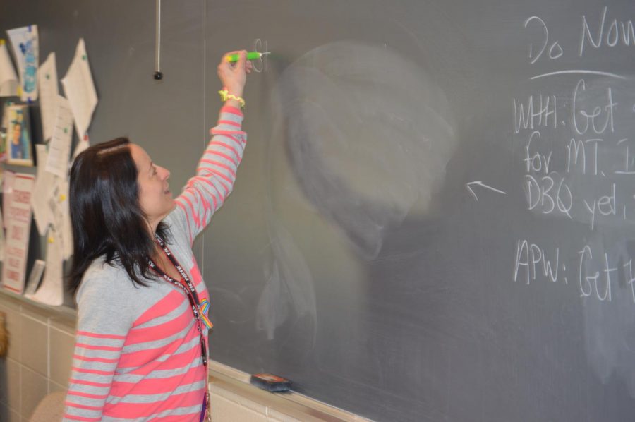 The 2018-19 Teacher of the Year, Gina Gorman instructs her world history students alongside colleague Christopher Brophy.