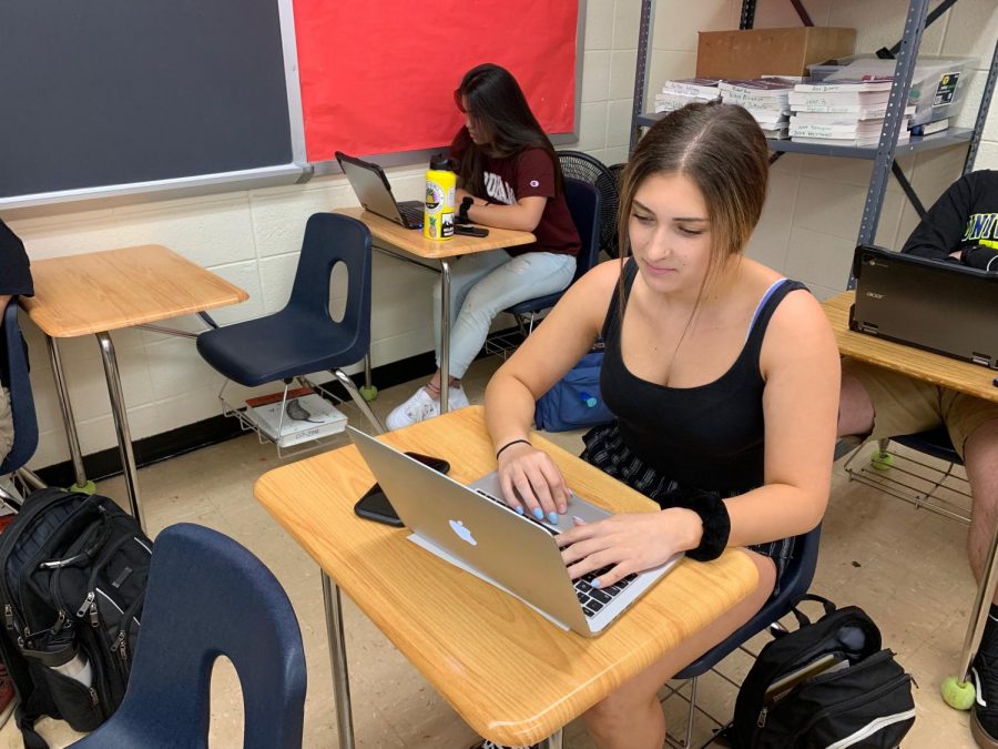 Senior Gianna LoCicero and junior Sydney Tran study for their Calculus final during class.