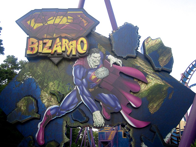 "Bizarro"  roller coaster  sign people see entering Six Flags in Jackson, NJ.  