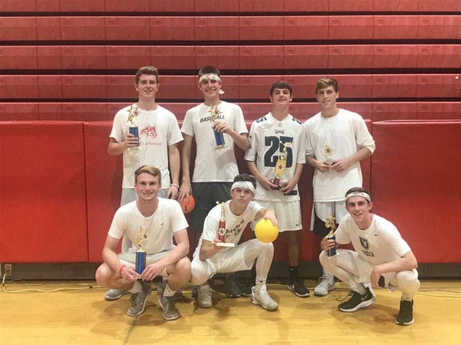 This year's Dodgeball champions are seniors Bekfast Club.  Standing from left to right: Liam Smith, Will Shokoff, Josh Hartman, and Jake Laifer. Kneeling from left to right Tyler Watson, Garrett Smith, and Adam McCaffery.