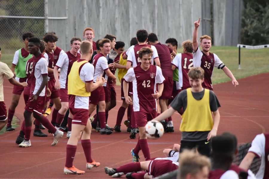 Boys Soccer celebrates their big win over Pingry after a double overtime clash.