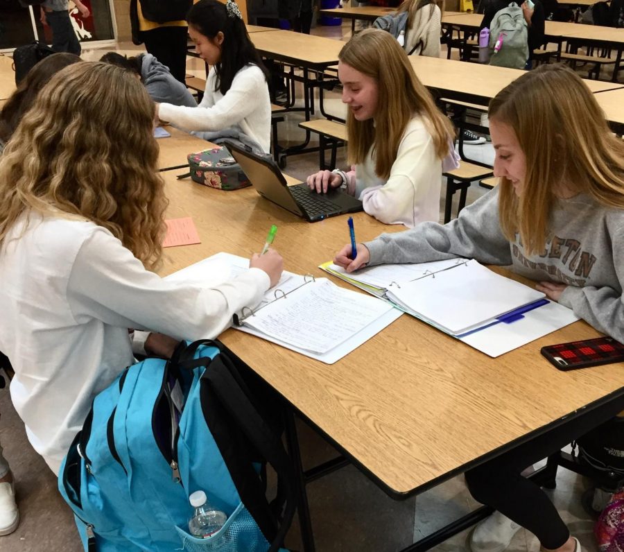 Freshman Sarah Davenport (left), sophomores Jane Buelt (front right), and Emily Shoenfelt study in the Commons.
