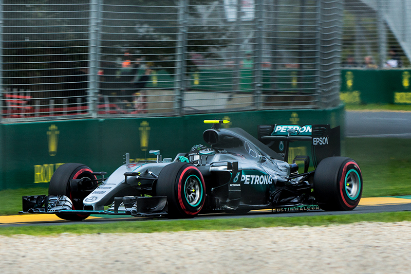 The Mercedes F1 W07 Hybrid car driven by Nico Rosberg during the 2016 Australian Grad Prix.