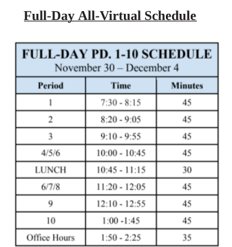 Hillsborough High School's new, full-day schedule for virtual learning.