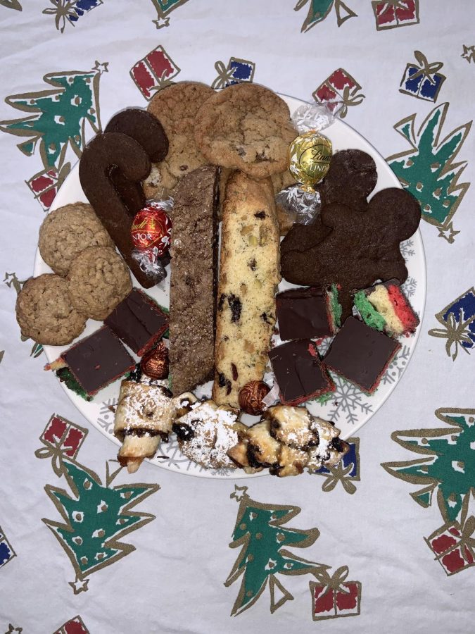 Chocolate chip, gingerbread, oatmeal, biscotti, rugelah, and rainbow cookies make this years cookie platter.