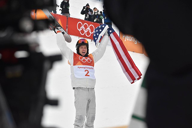 Shaun White celebrates after his gold-medal run in Pyeongchang, 2018.