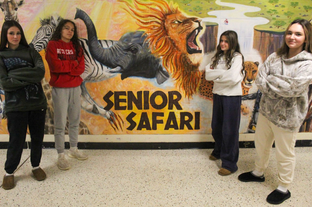 Freshmen Olivia Oranchak, Rayah Rashidi, Kimberly Camejo and Heather Finnigan frames the senior spirit night mural. 