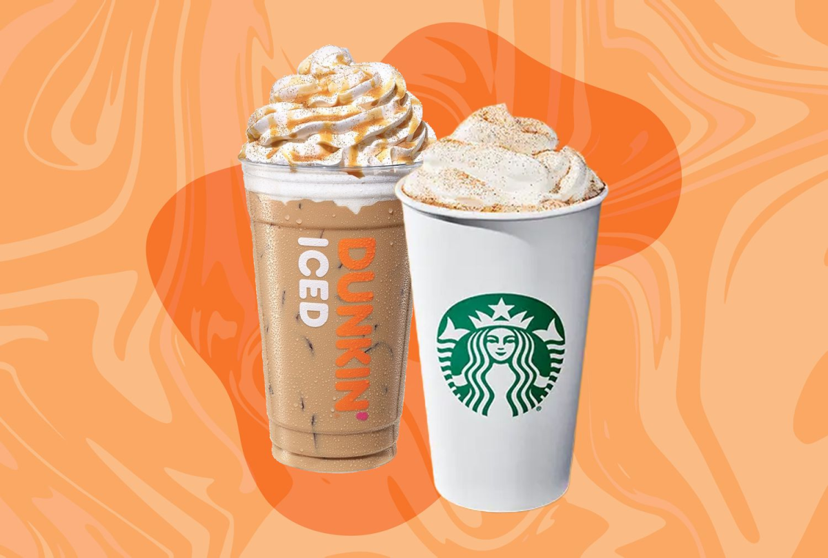 Pumpkin Spice Latte from Dunkin’ posed next to the Pumpkin Spice Latte from Starbucks.