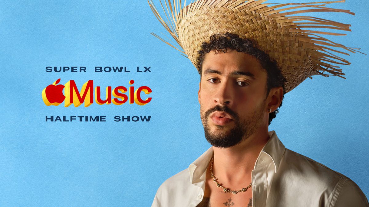 Promotional image features Bad Bunny who performed at the Superbowl Halftime show.